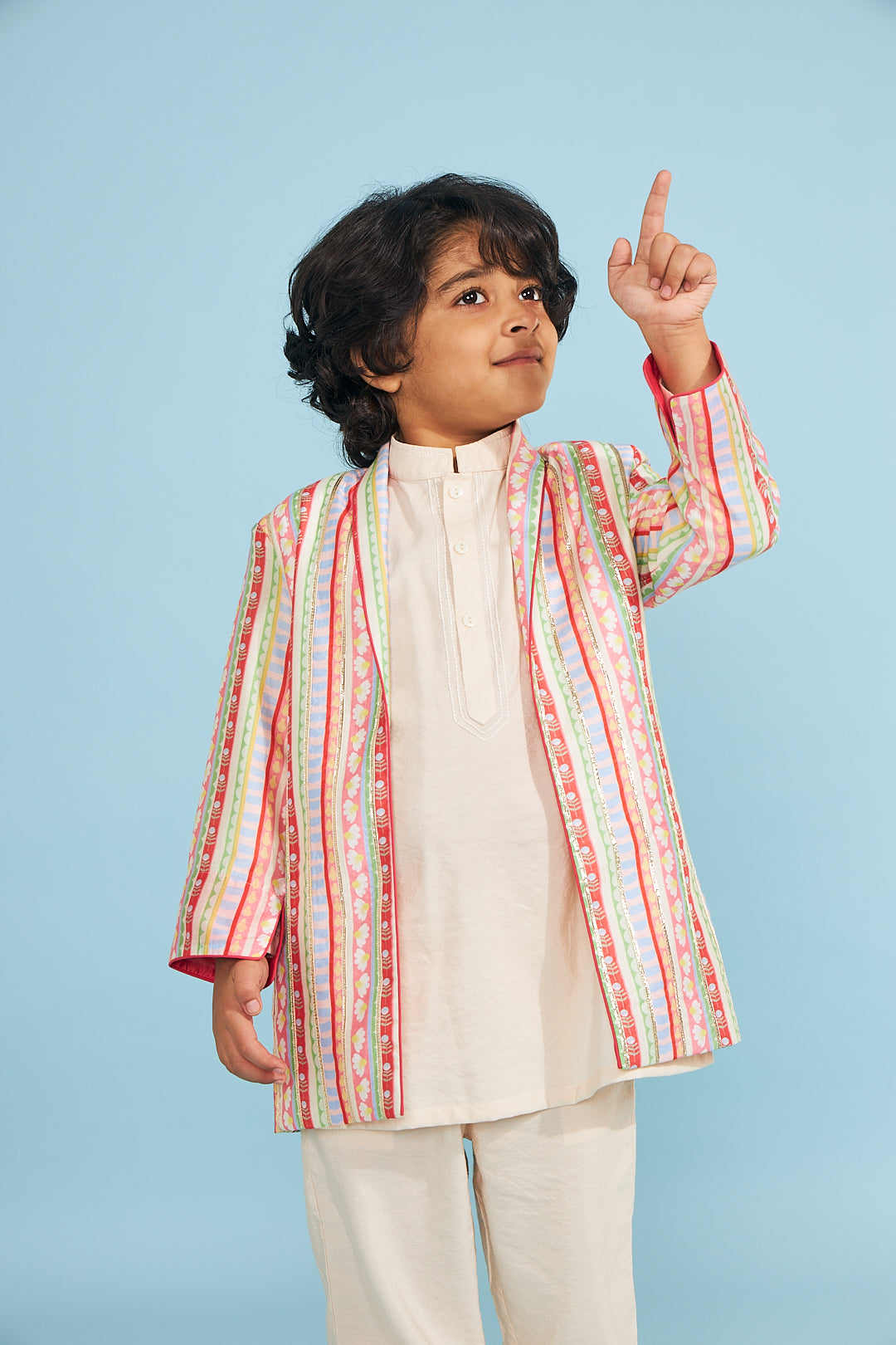 Candy Stripe Embellished Boys Jacket With Cream Kurta Trouser (3 Pc)