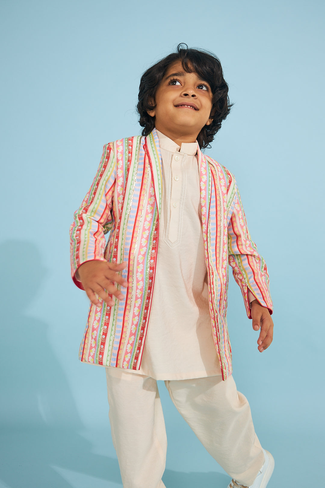 Candy Stripe Embellished Boys Jacket With Cream Kurta Trouser (3 Pc)