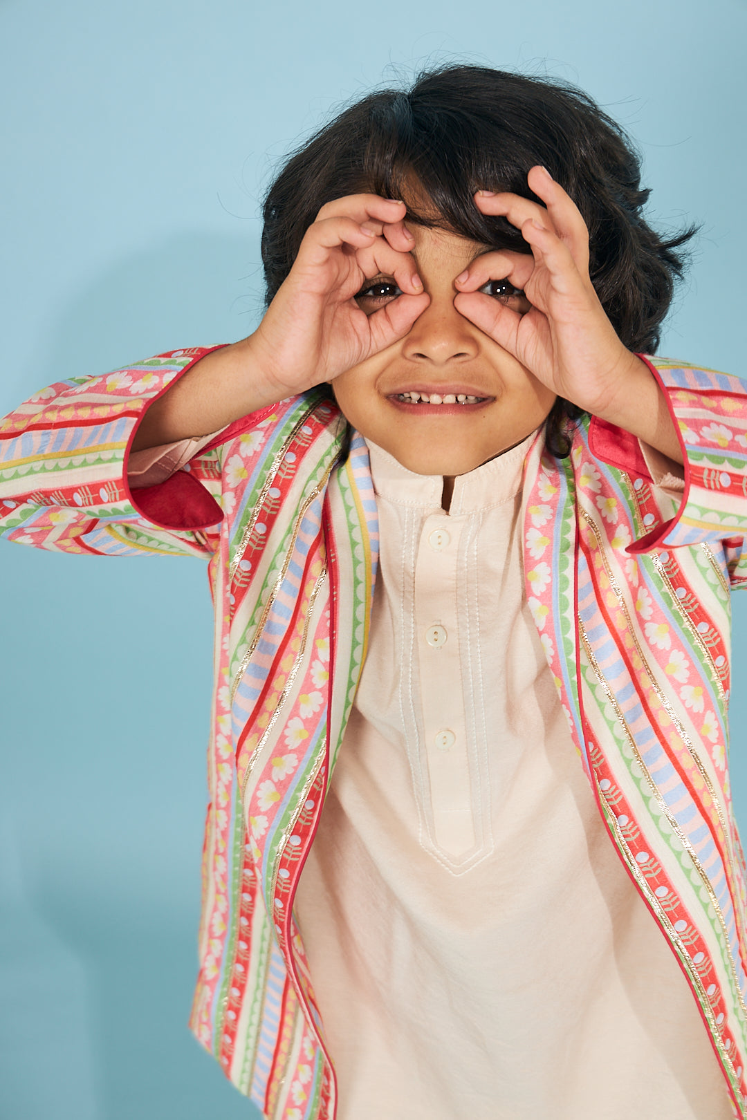 Candy Stripe Embellished Boys Jacket With Cream Kurta Trouser (3 Pc)