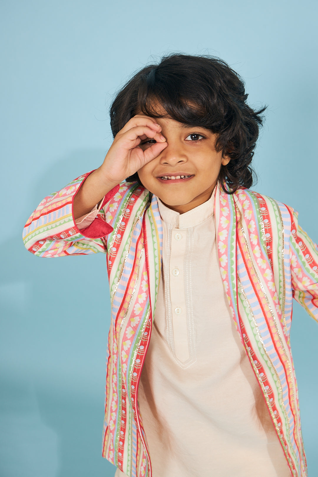 Candy Stripe Embellished Boys Jacket With Cream Kurta Trouser (3 Pc)