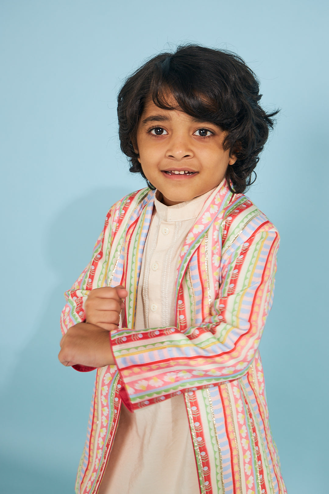 Candy Stripe Embellished Boys Jacket With Cream Kurta Trouser (3 Pc)