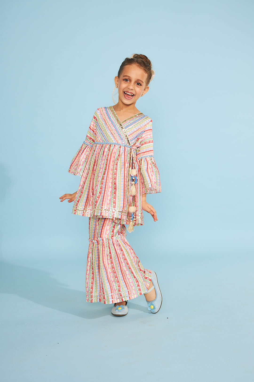 Candy Stripe Girls  Embellished Wrap Top & Flared Trouser Coord (2 Pc Set)