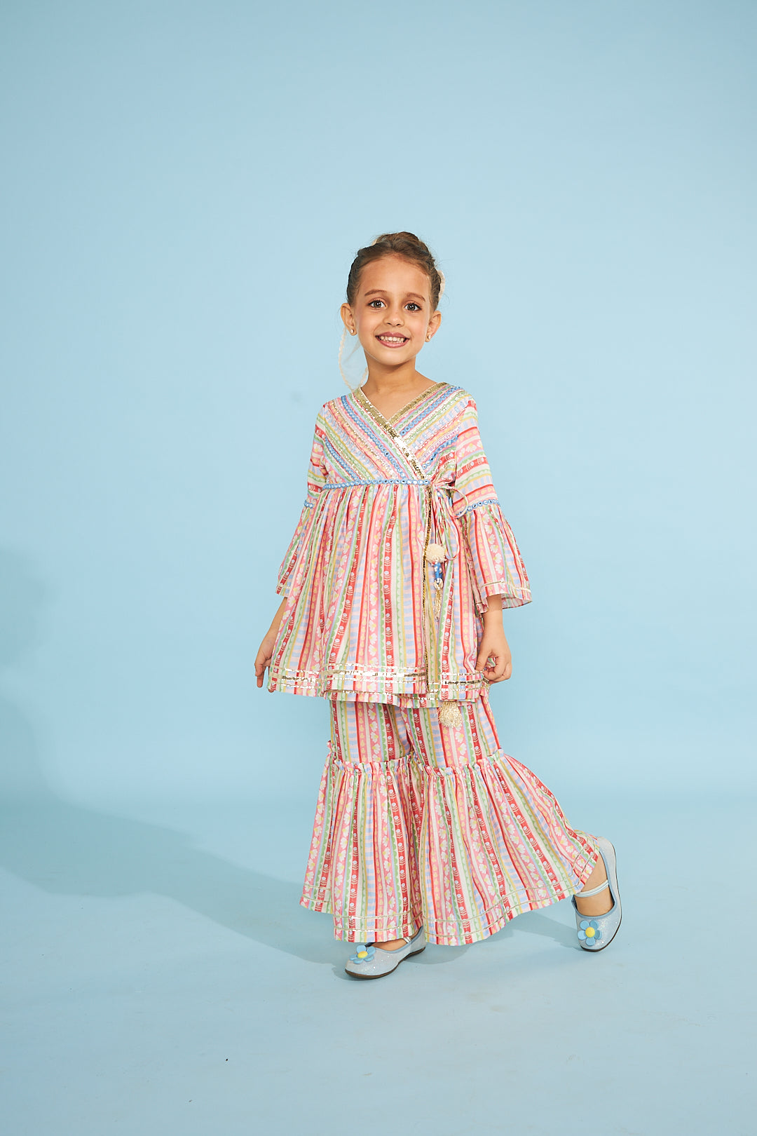 Candy Stripe Girls  Embellished Wrap Top & Flared Trouser Coord (2 Pc Set)