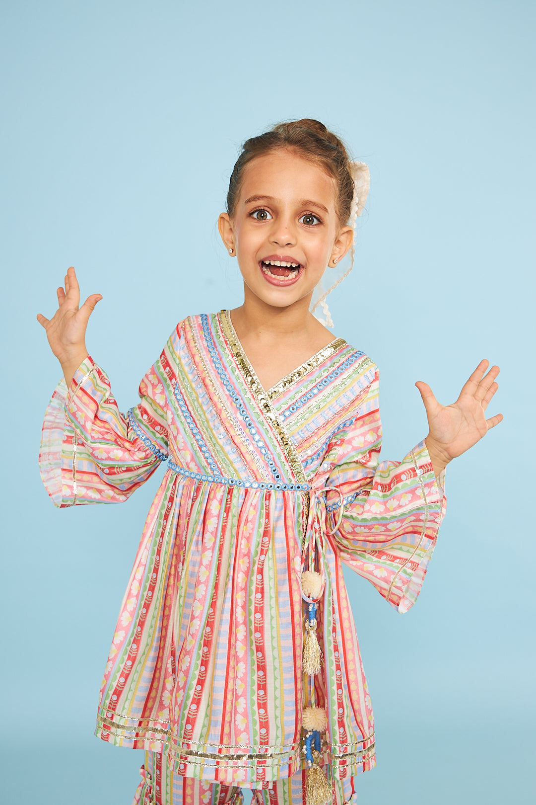 Candy Stripe Girls  Embellished Wrap Top & Flared Trouser Coord (2 Pc Set)