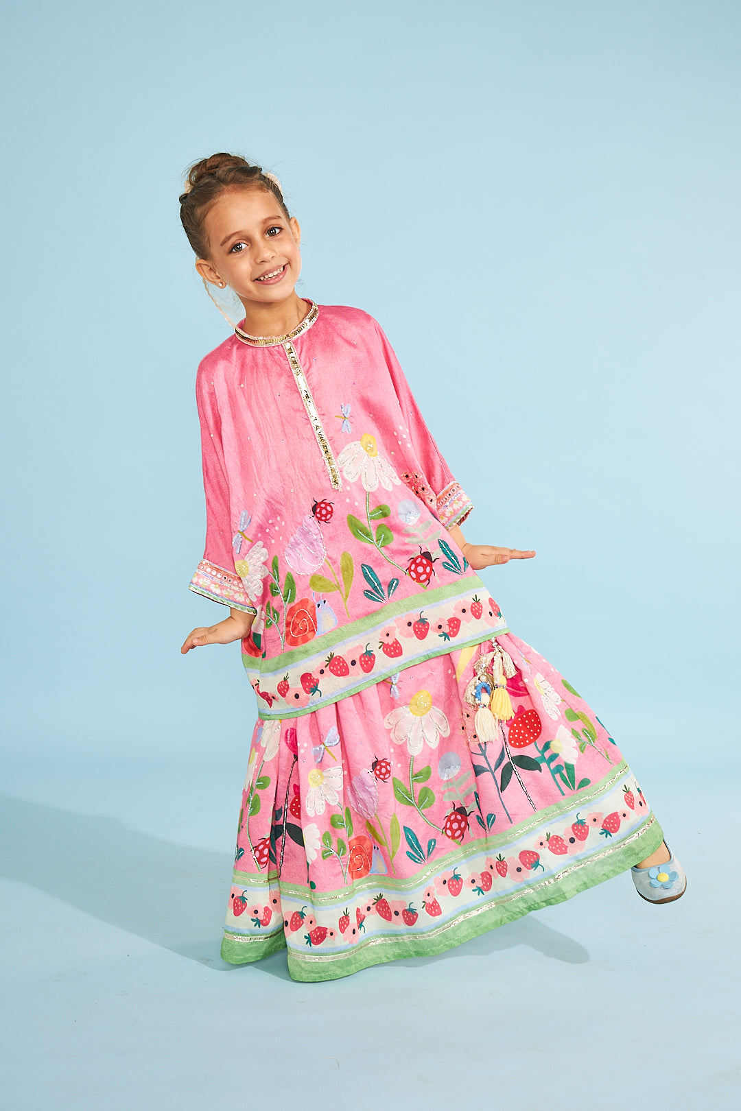 Strawberry Girls Embellished Tunic With Skirt (2 Pc Set)