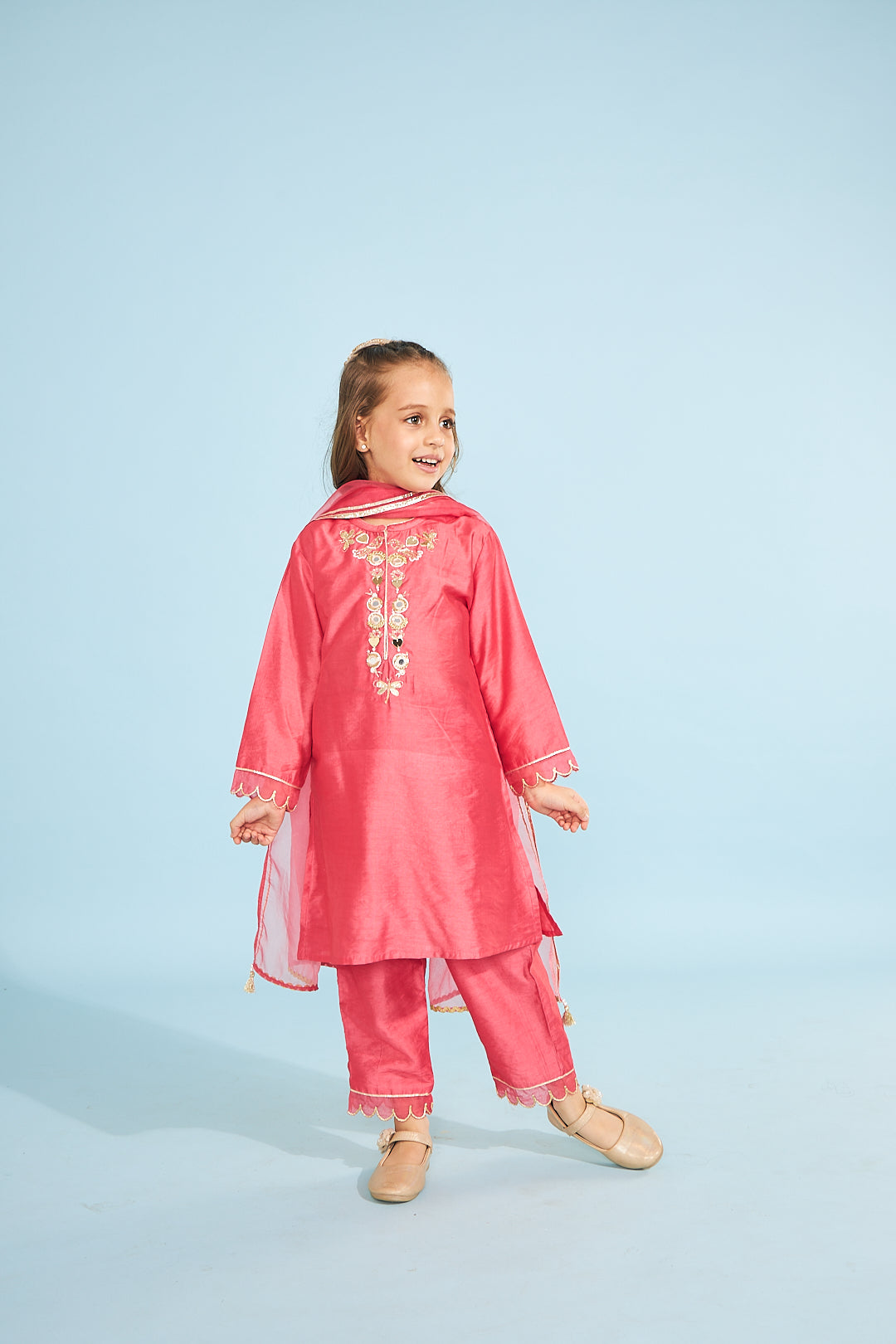 Cherry Red Birds Girls Embellished Tunic With Pants (3 Pc Set)