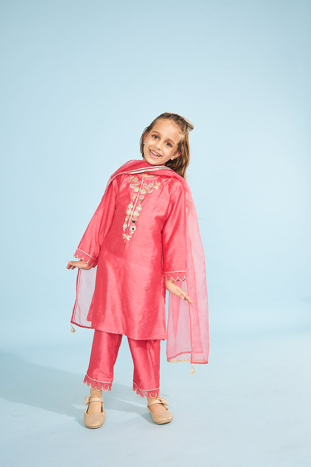 Cherry Red Birds Girls Embellished Tunic With Pants (3 Pc Set)