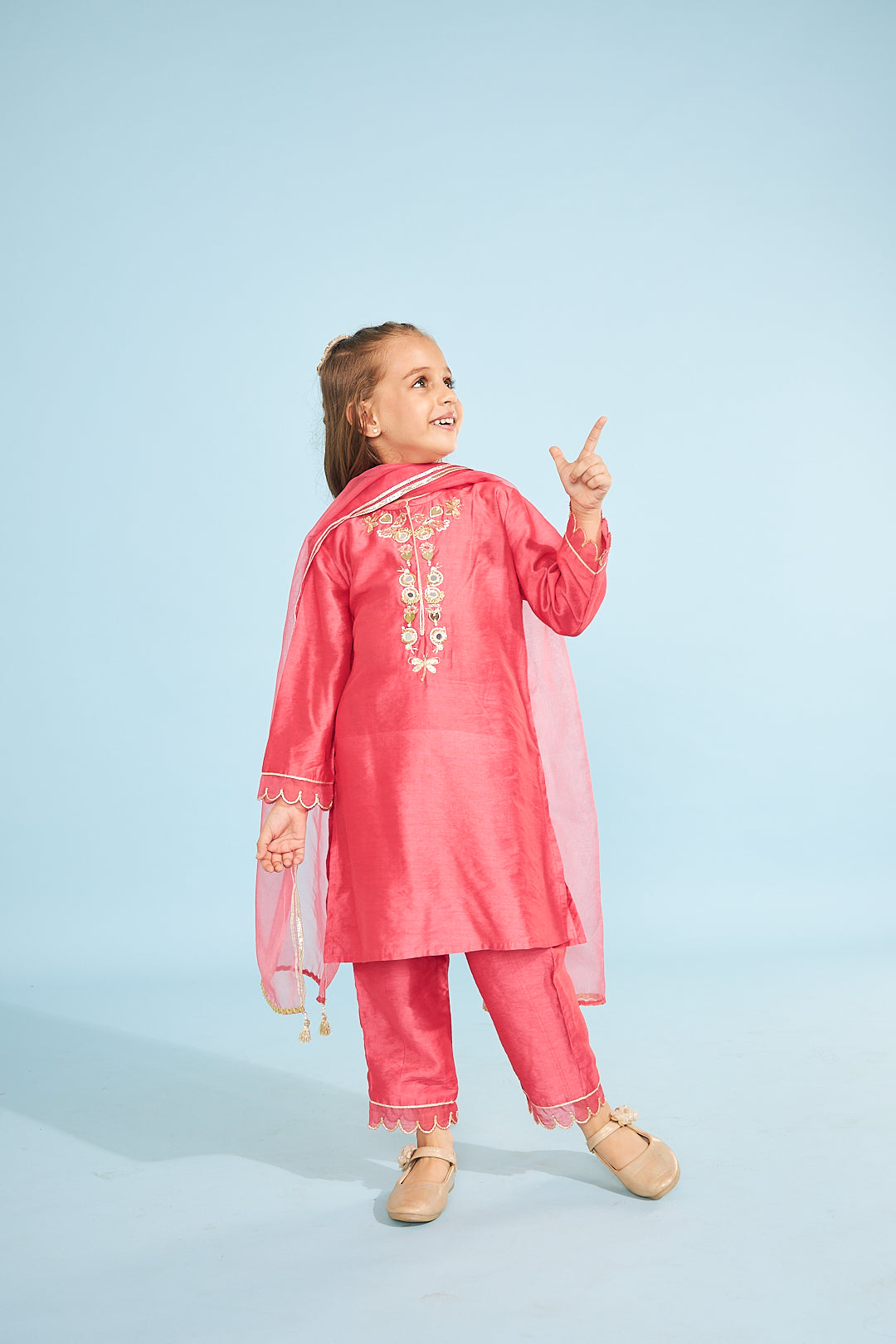 Cherry Red Birds Girls Embellished Tunic With Pants (3 Pc Set)