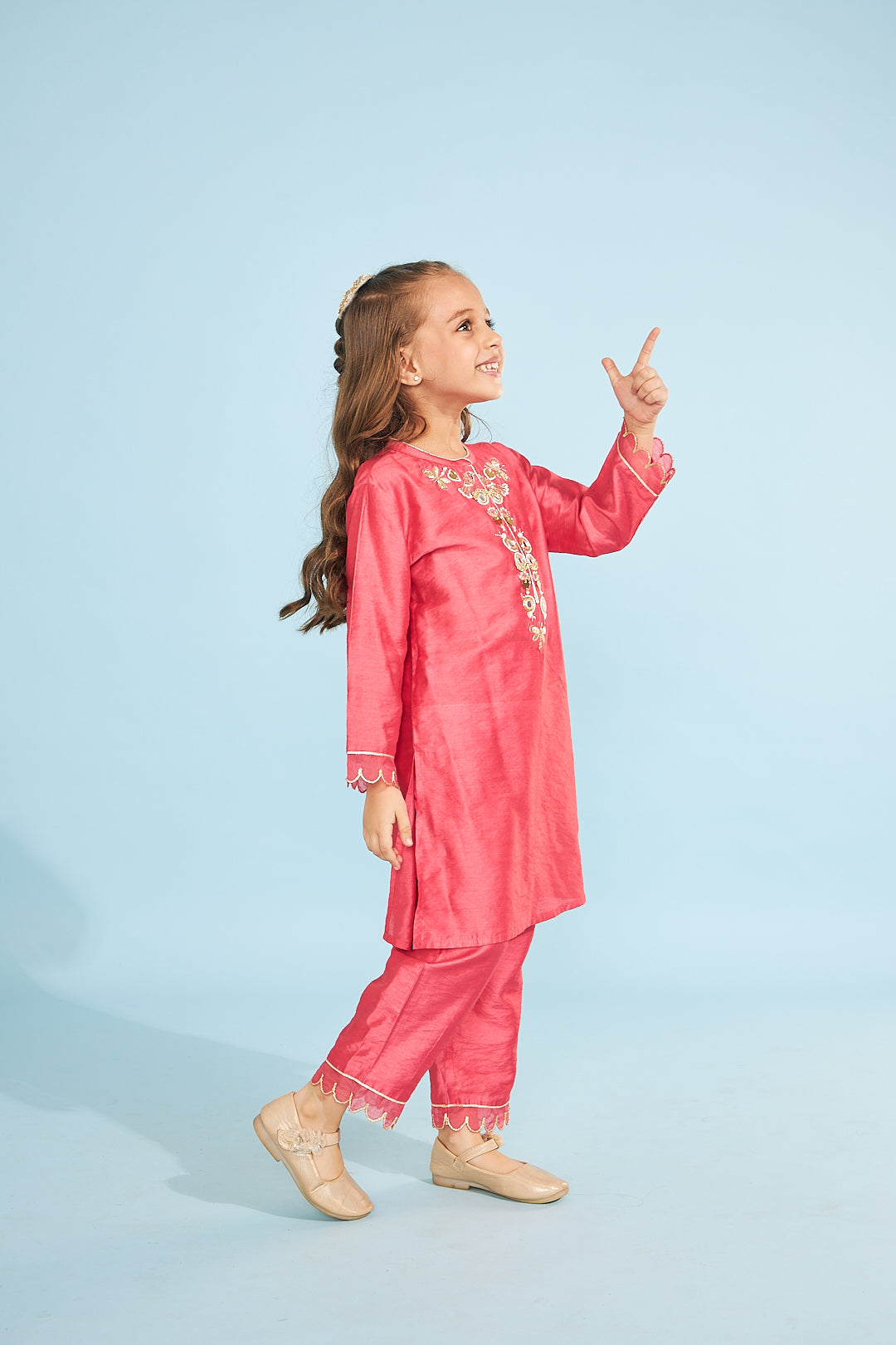 Cherry Red Birds Girls Embellished Tunic With Pants (3 Pc Set)