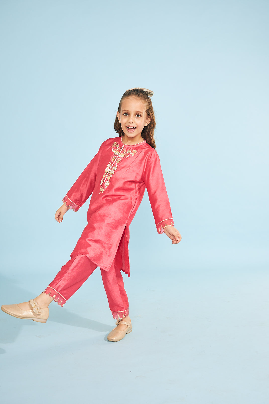 Cherry Red Birds Girls Embellished Tunic With Pants (3 Pc Set)