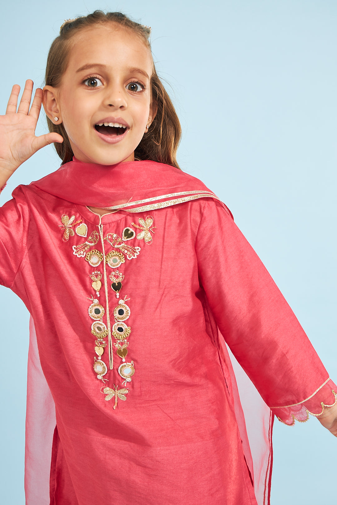 Cherry Red Birds Girls Embellished Tunic With Pants (3 Pc Set)