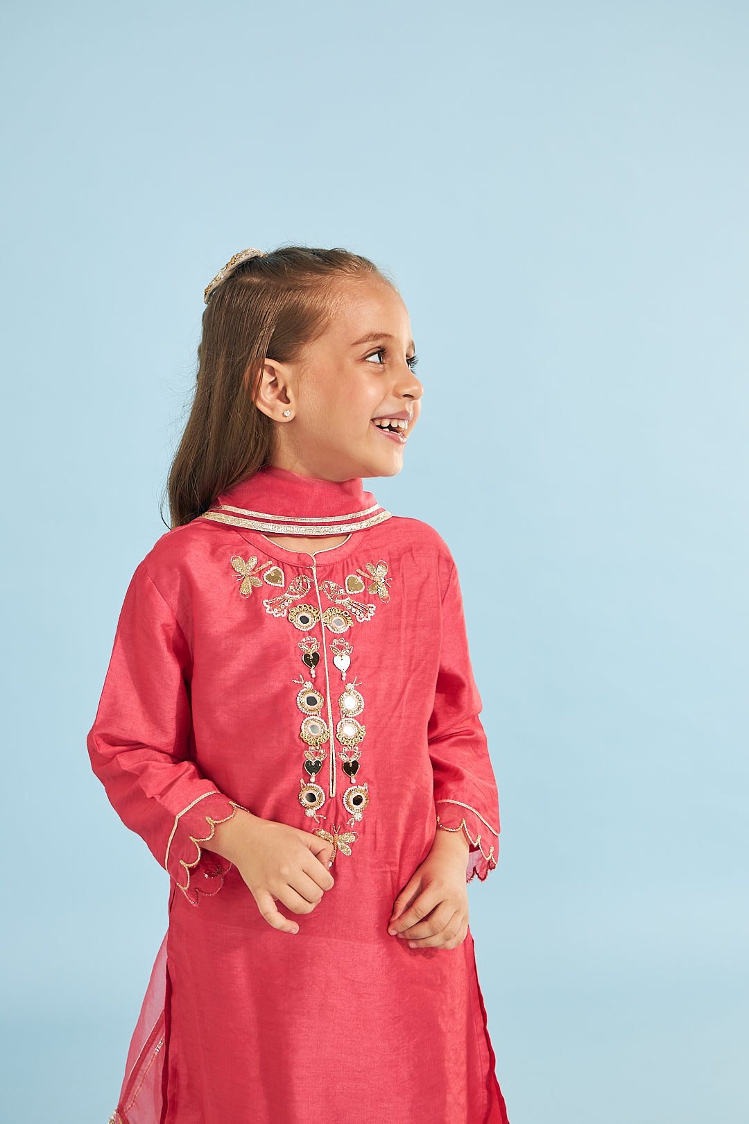 Cherry Red Birds Girls Embellished Tunic With Pants (3 Pc Set)