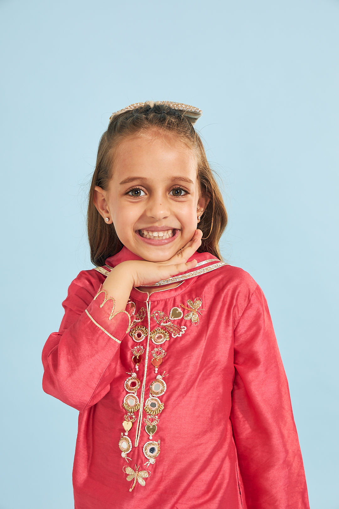 Cherry Red Birds Girls Embellished Tunic With Pants (3 Pc Set)