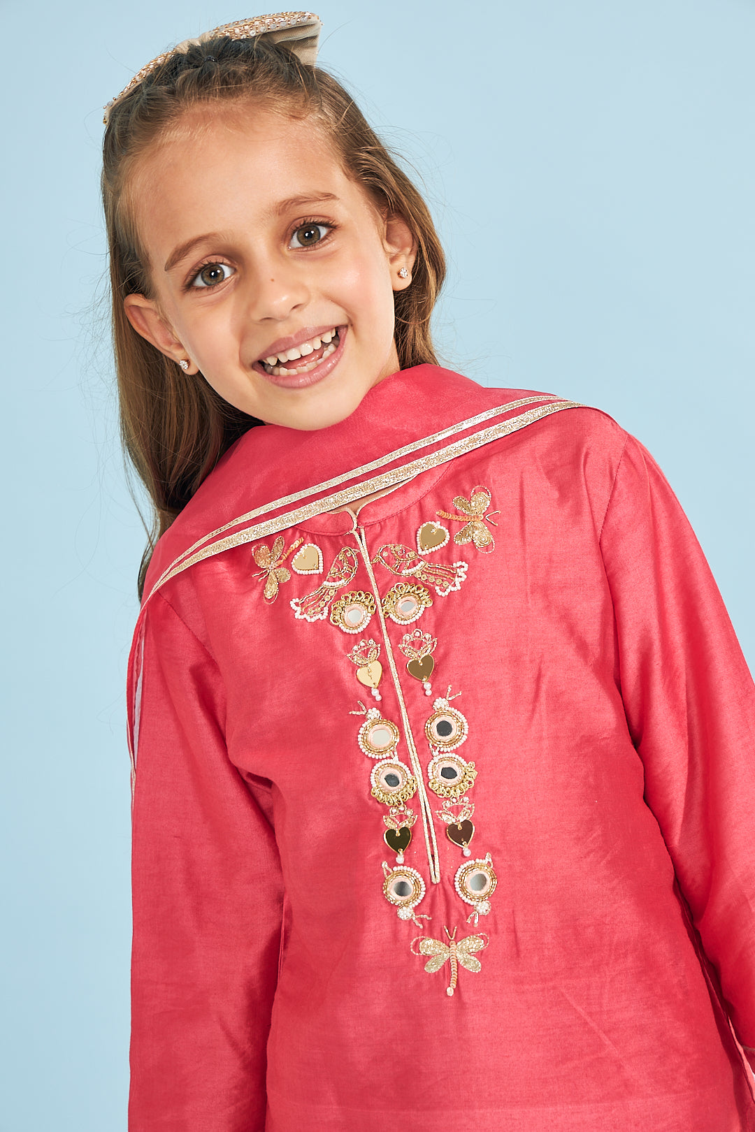 Cherry Red Birds Girls Embellished Tunic With Pants (3 Pc Set)