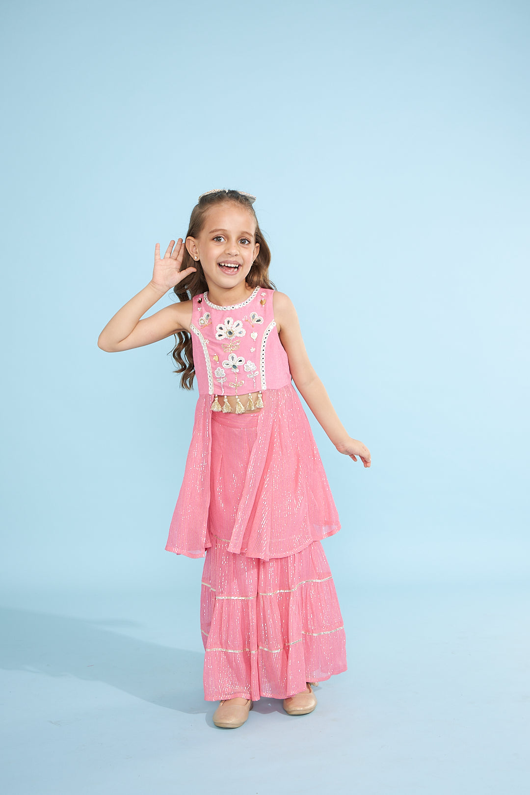 Bubble Pink Hearts Girls Embellished Tunic With Layered Palazzos (2 Pc Set)