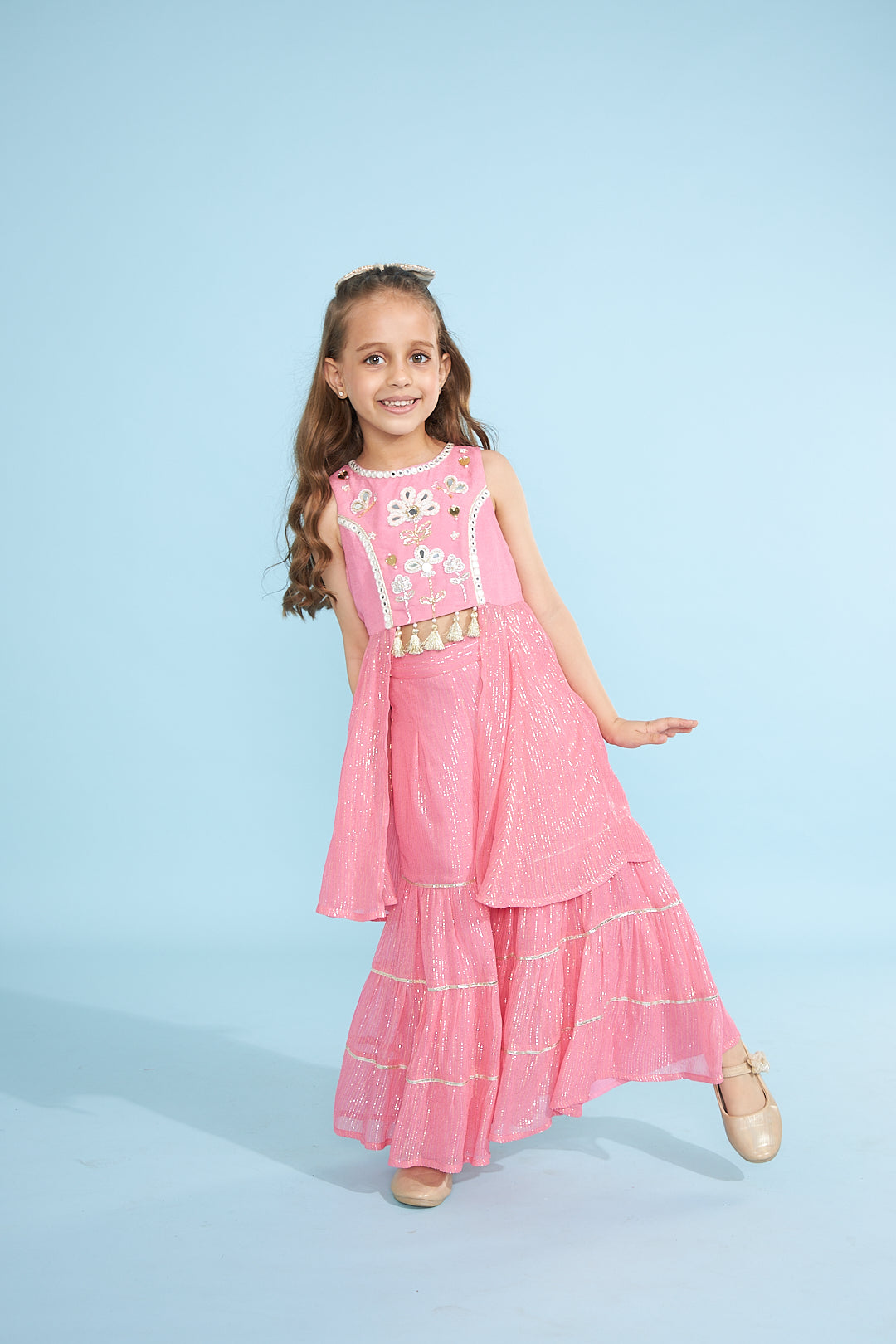 Bubble Pink Hearts Girls Embellished Tunic With Layered Palazzos (2 Pc Set)