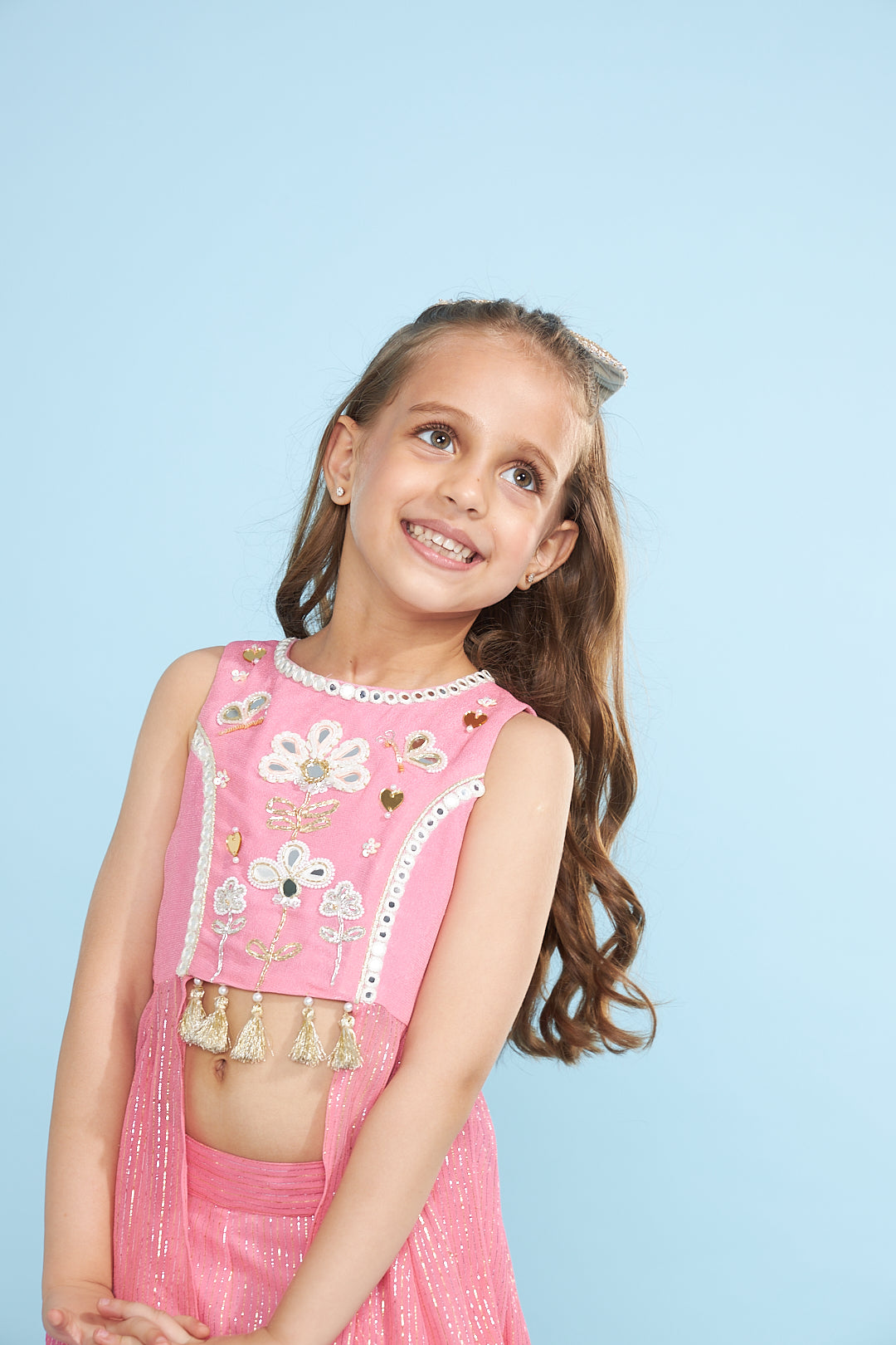 Bubble Pink Hearts Girls Embellished Tunic With Layered Palazzos (2 Pc Set)