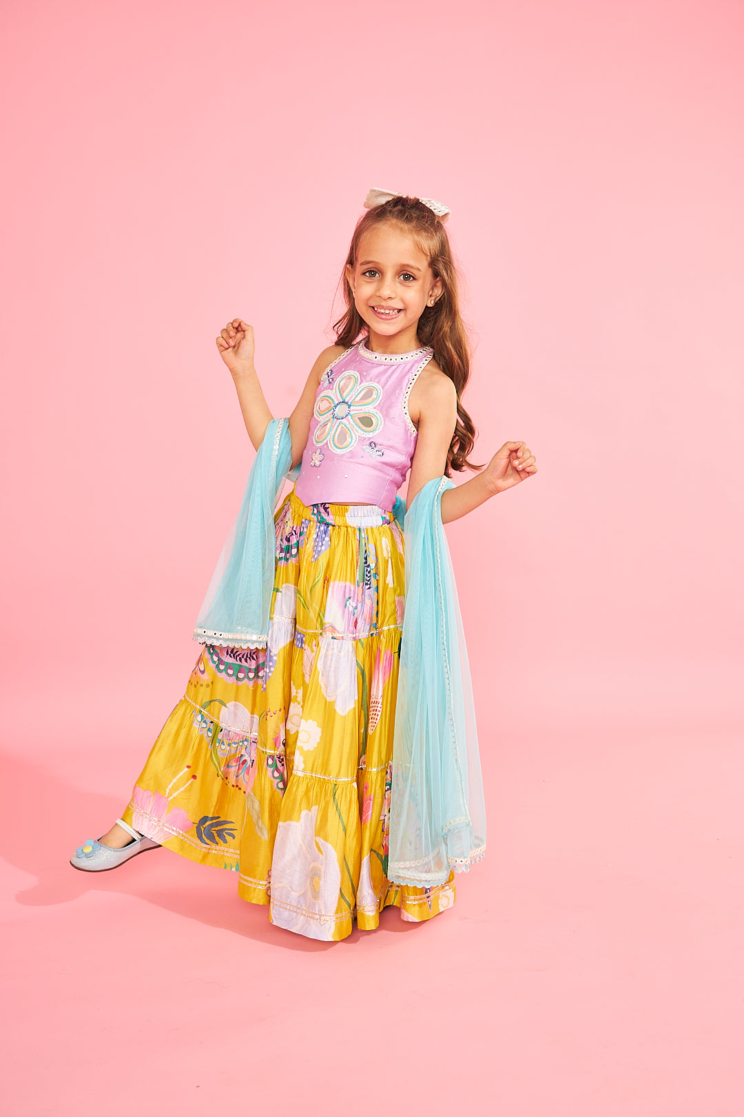 Yellow Bloom Girls Embellished Lavender Top With Tiered Skirt (3 Pc Set)