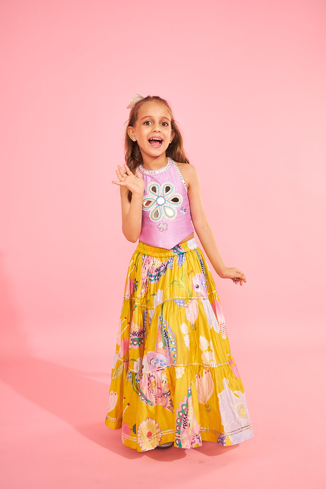 Yellow Bloom Girls Embellished Lavender Top With Tiered Skirt (3 Pc Set)