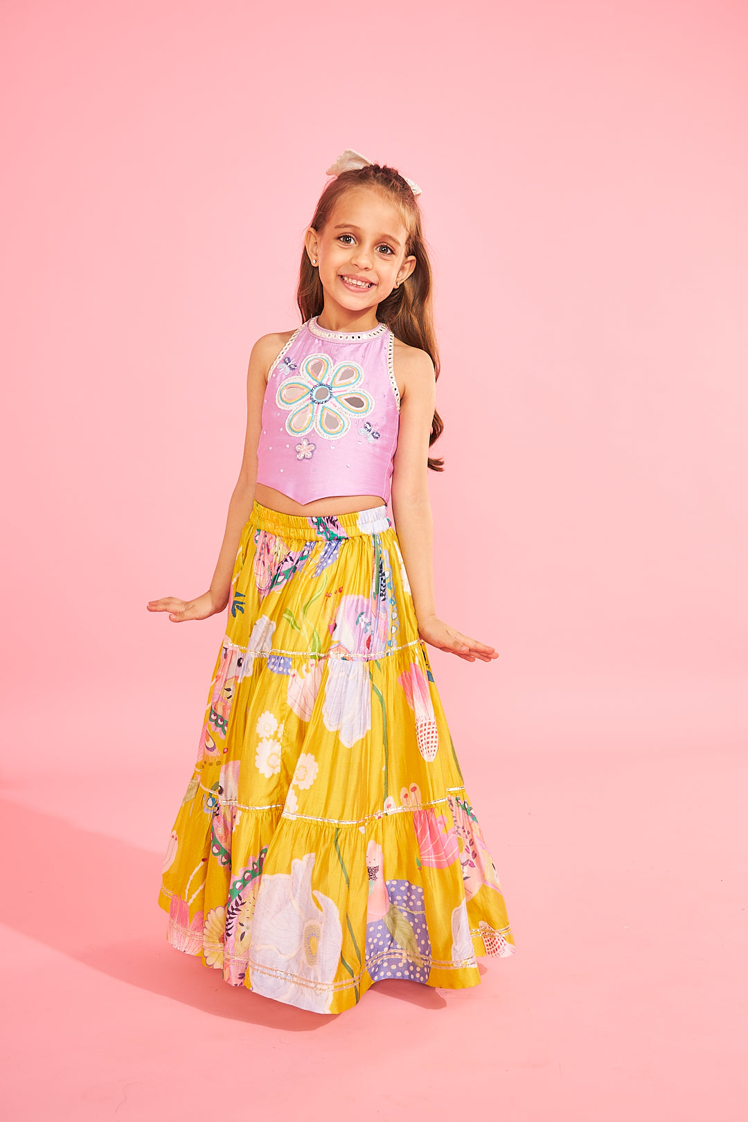 Yellow Bloom Girls Embellished Lavender Top With Tiered Skirt (3 Pc Set)