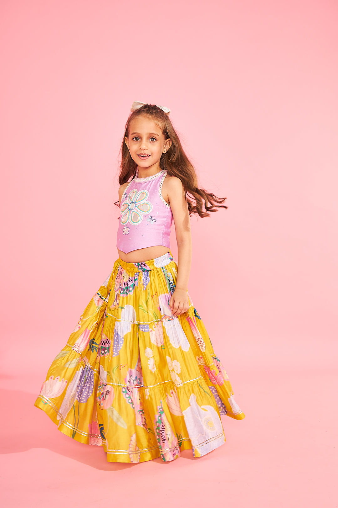 Yellow Bloom Girls Embellished Lavender Top With Tiered Skirt (3 Pc Set)