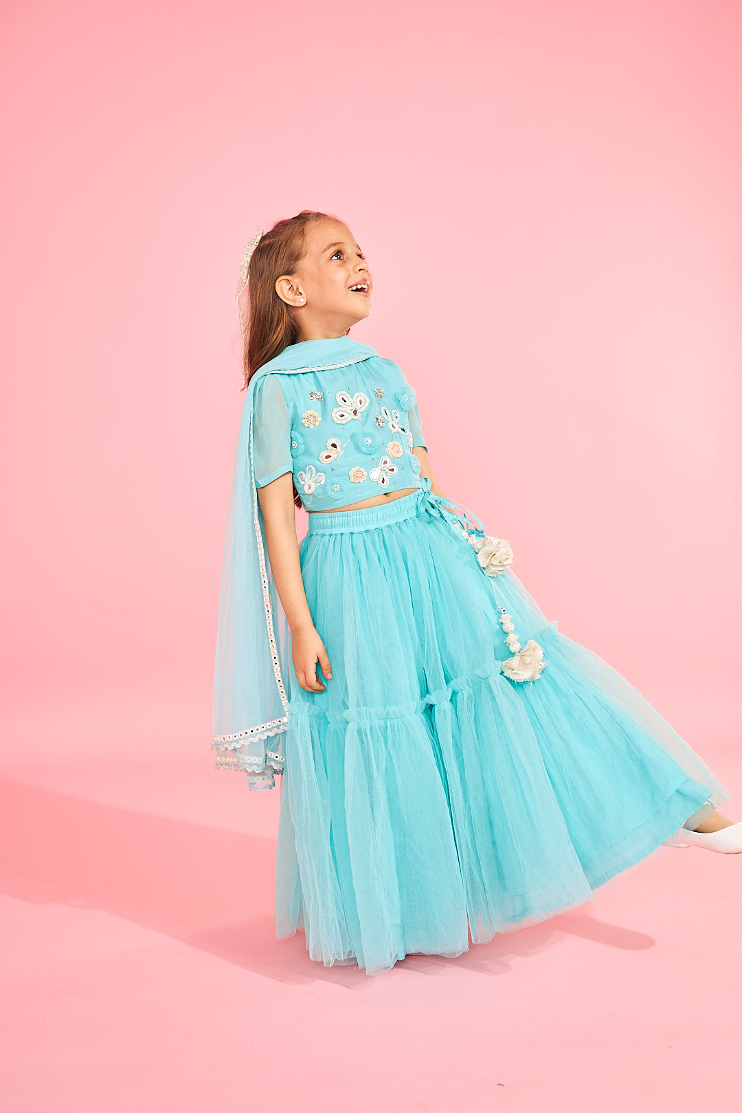 Aqua Blue Embellished Girls Crop Top & Skirt (3 Pc Set)