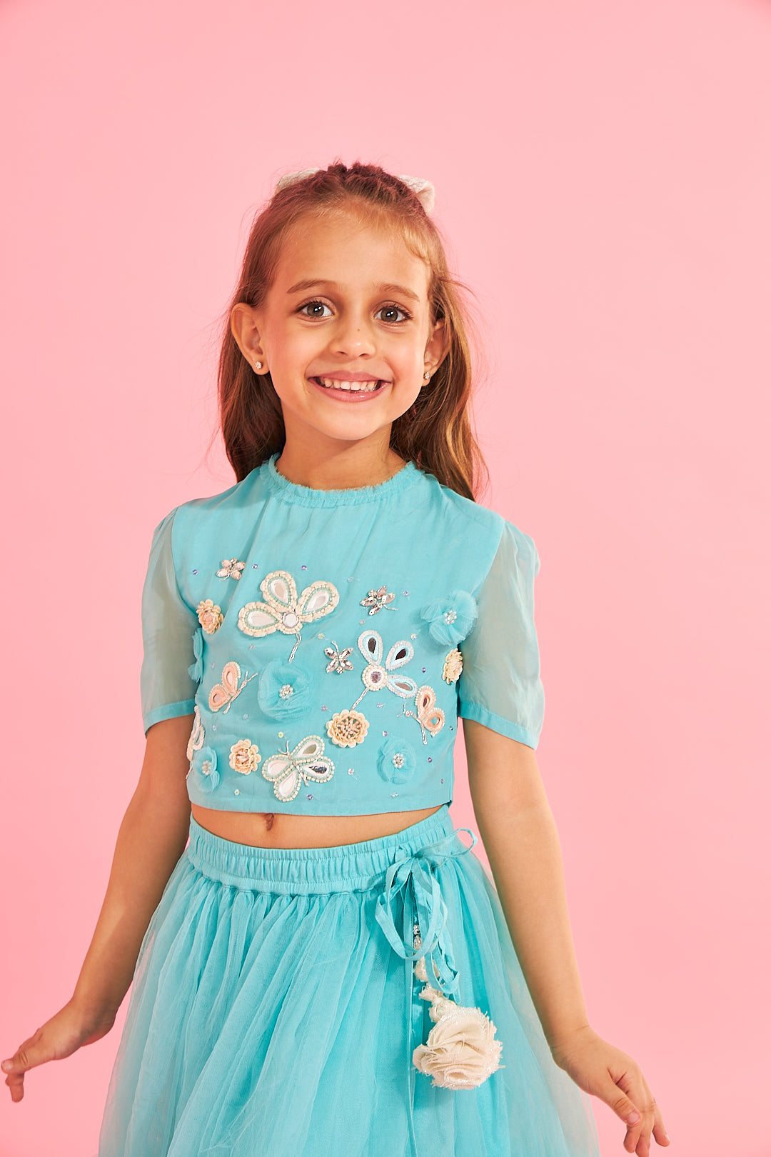 Aqua Blue Embellished Girls Crop Top & Skirt (3 Pc Set)