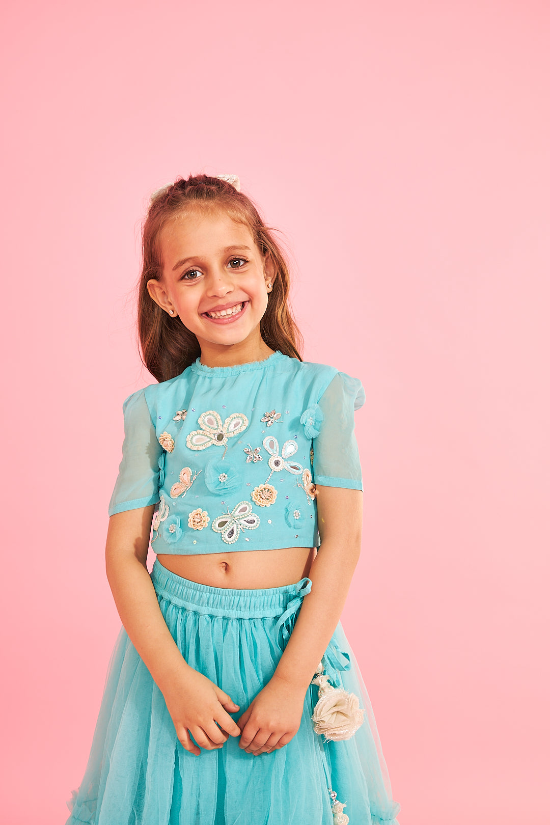 Aqua Blue Embellished Girls Crop Top & Skirt (3 Pc Set)