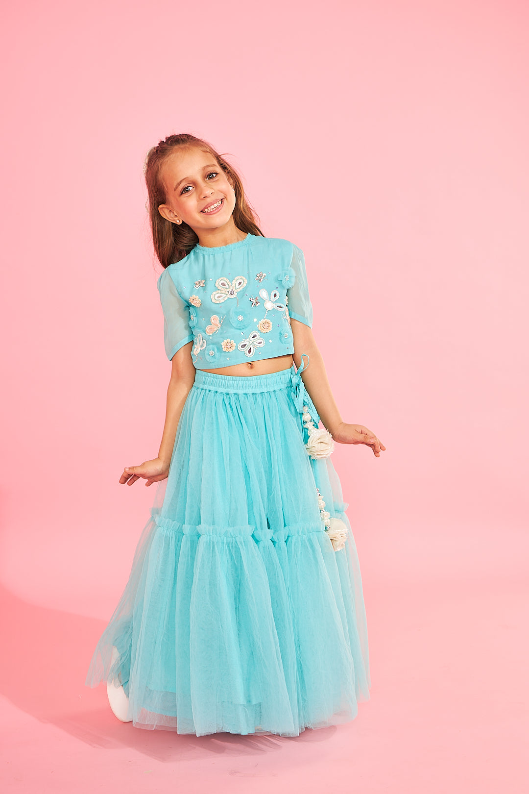 Aqua Blue Embellished Girls Crop Top & Skirt (3 Pc Set)