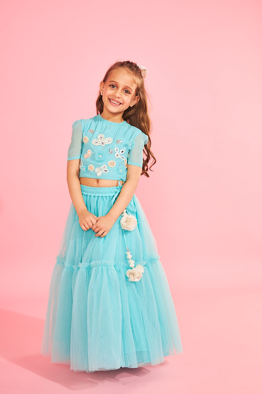 Aqua Blue Embellished Girls Crop Top & Skirt (3 Pc Set)