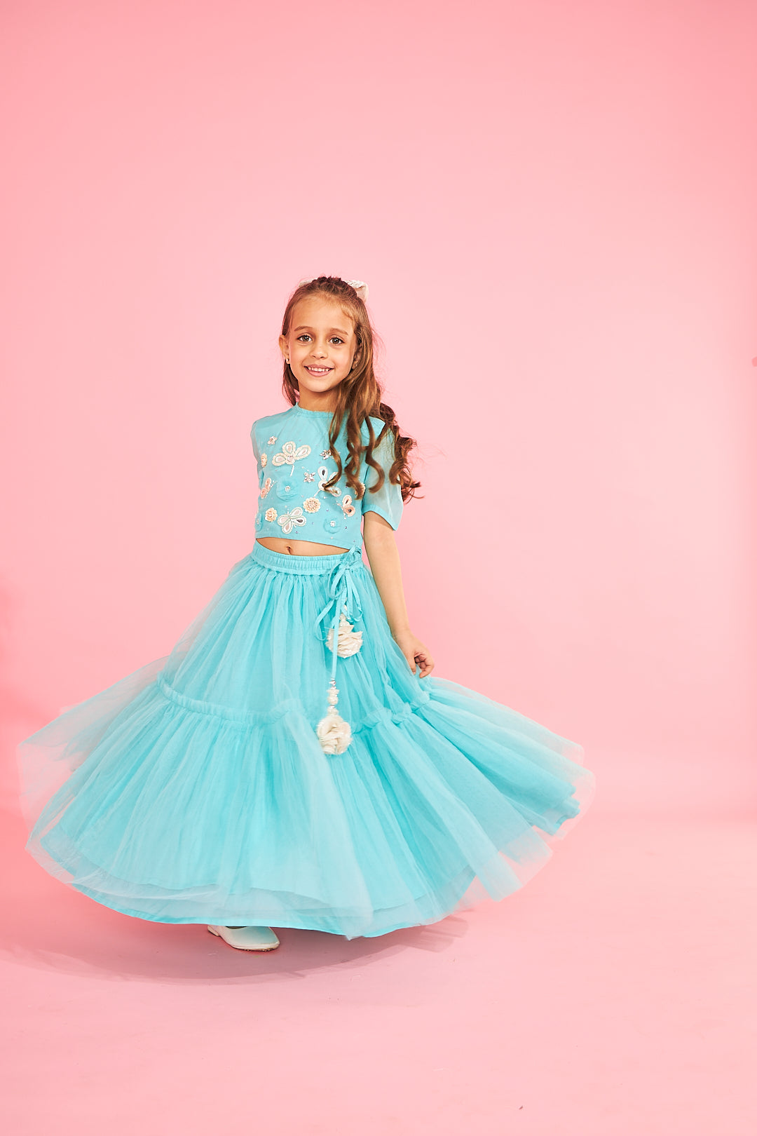 Aqua Blue Embellished Girls Crop Top & Skirt (3 Pc Set)