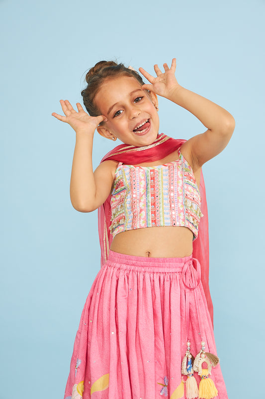 Candy Stripe Girls Embellished Crop Top With Embellished Printed Skirt  (3 Pc Set)