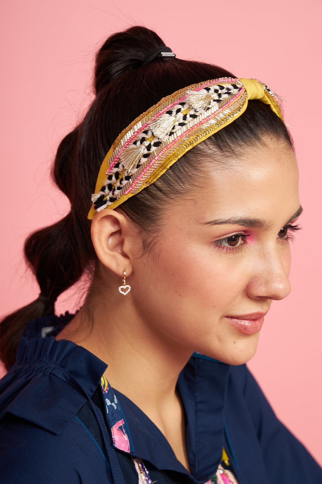 Farah Mustard narrow embroidered headband