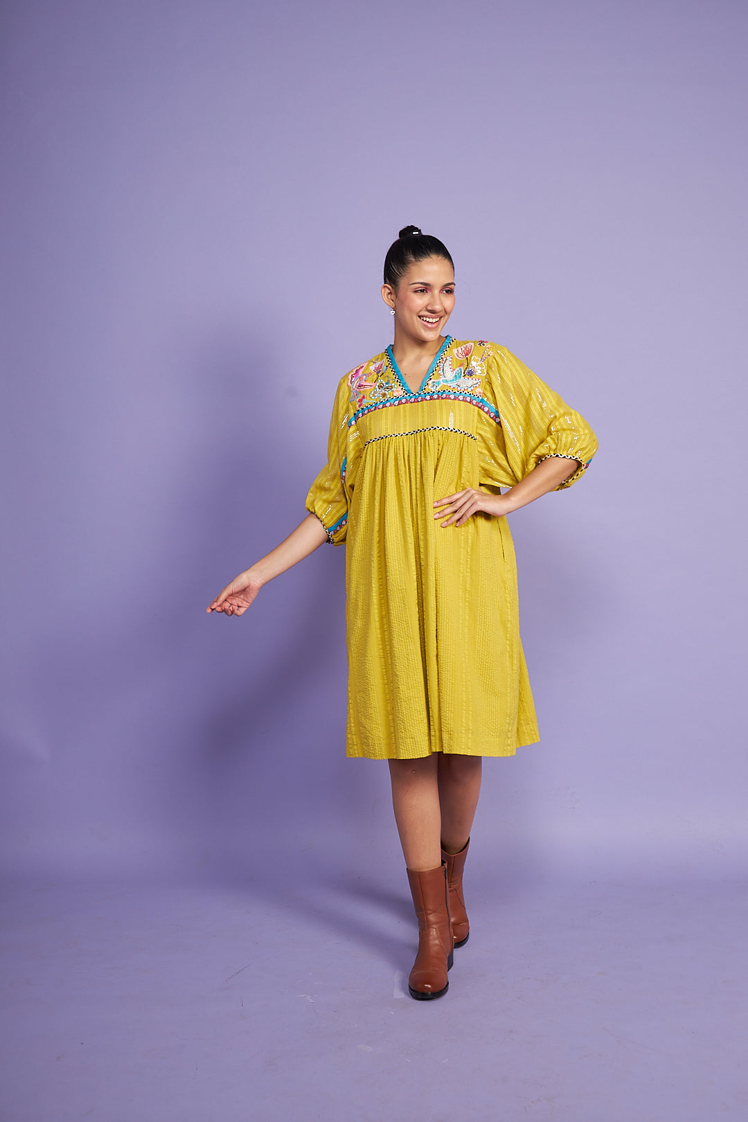 TWEETS Mustard Embroidered Dress