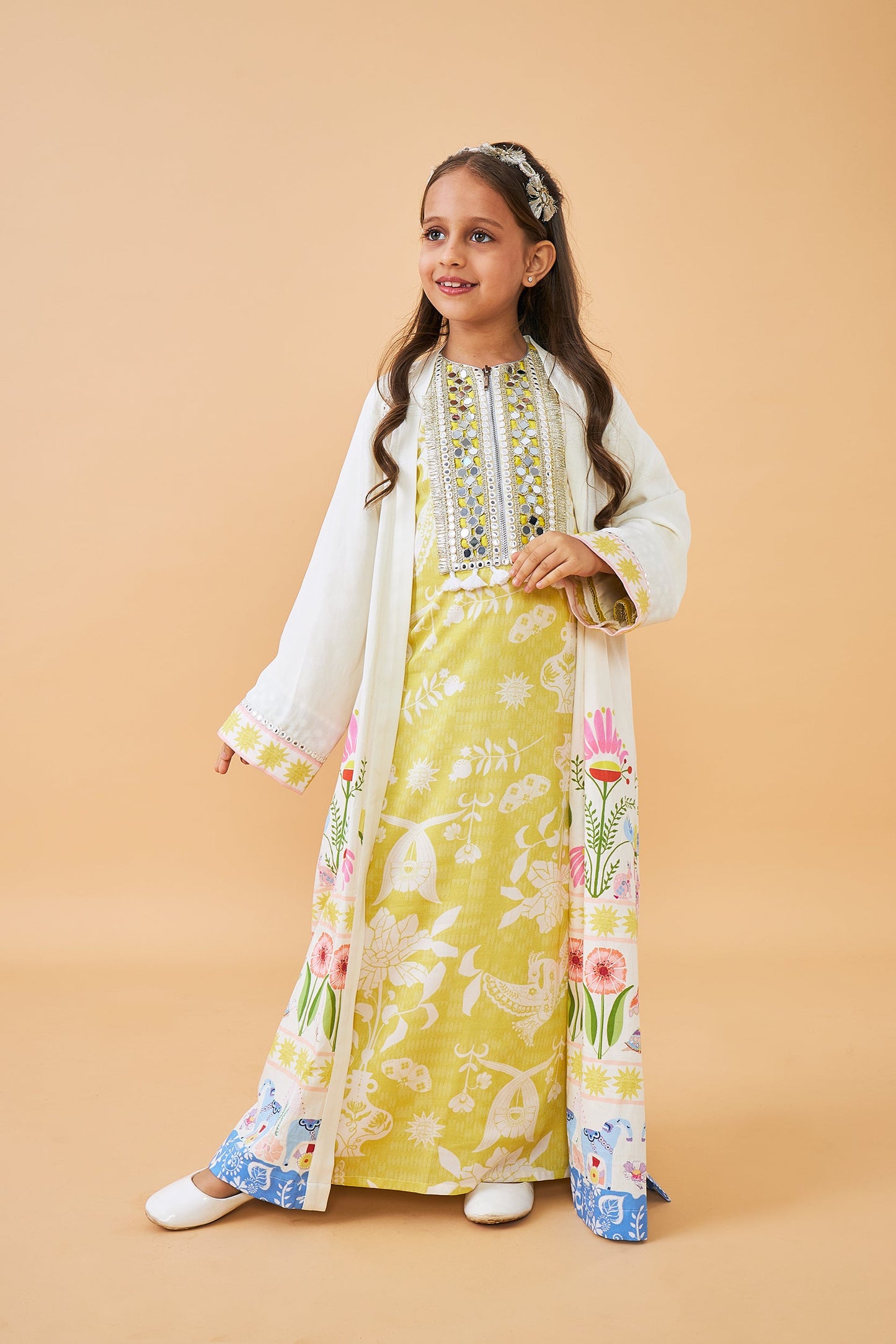 Poppy Yellow Girls Long Dress with Dala Coat