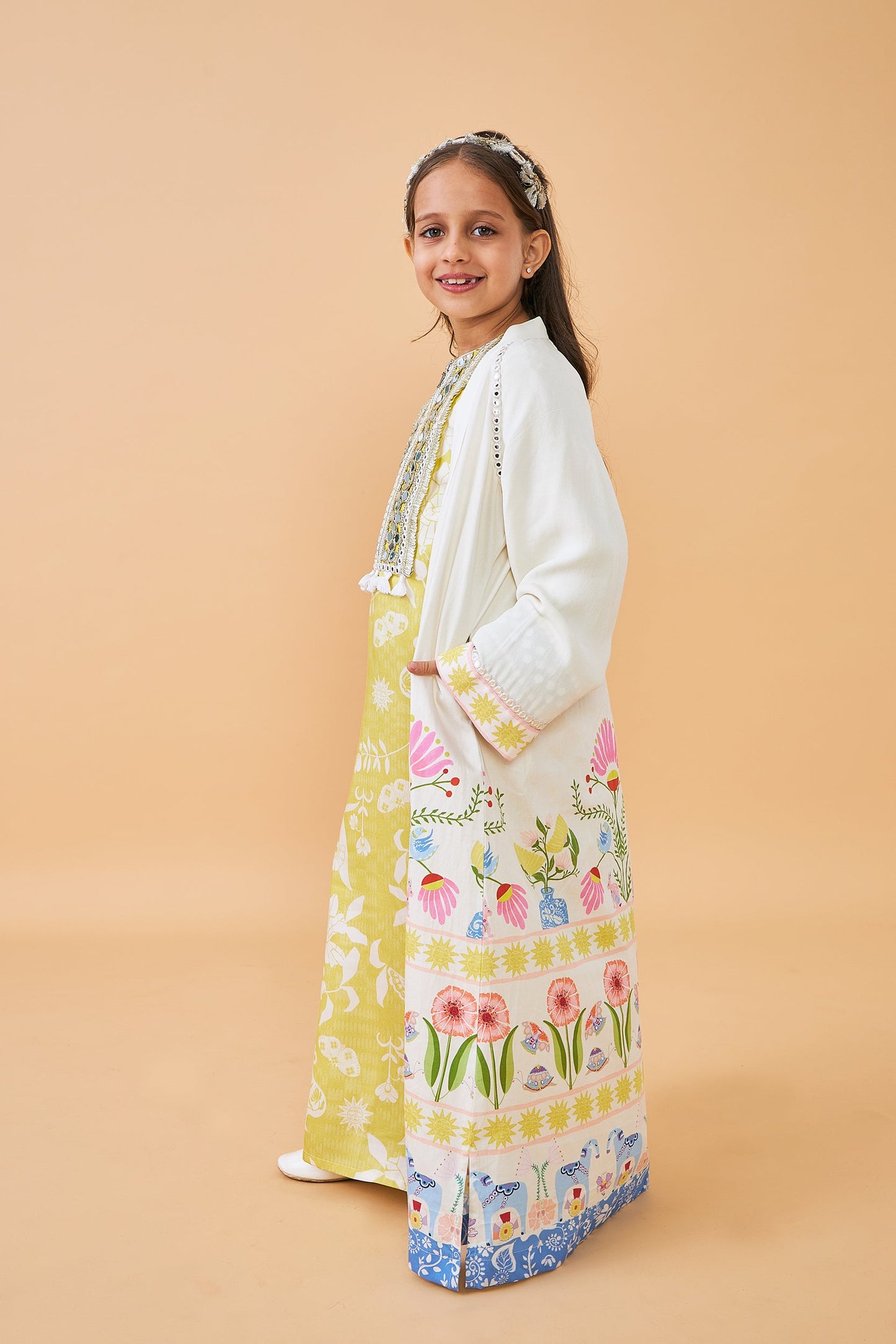 Poppy Yellow Girls Long Dress with Dala Coat