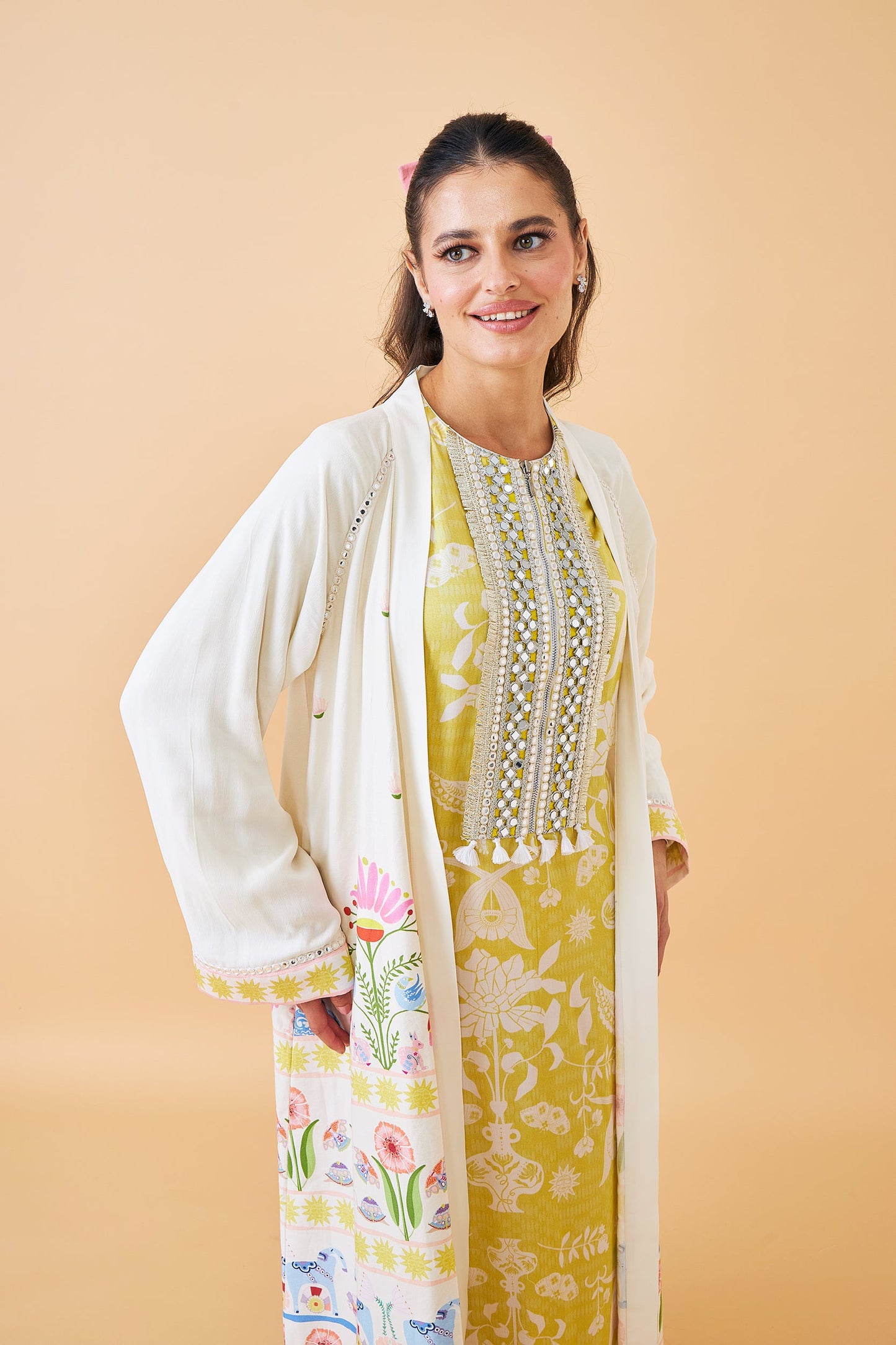 Poppy Yellow Ladies Long Dress with Dala Coat ( Set of 2 pcs)