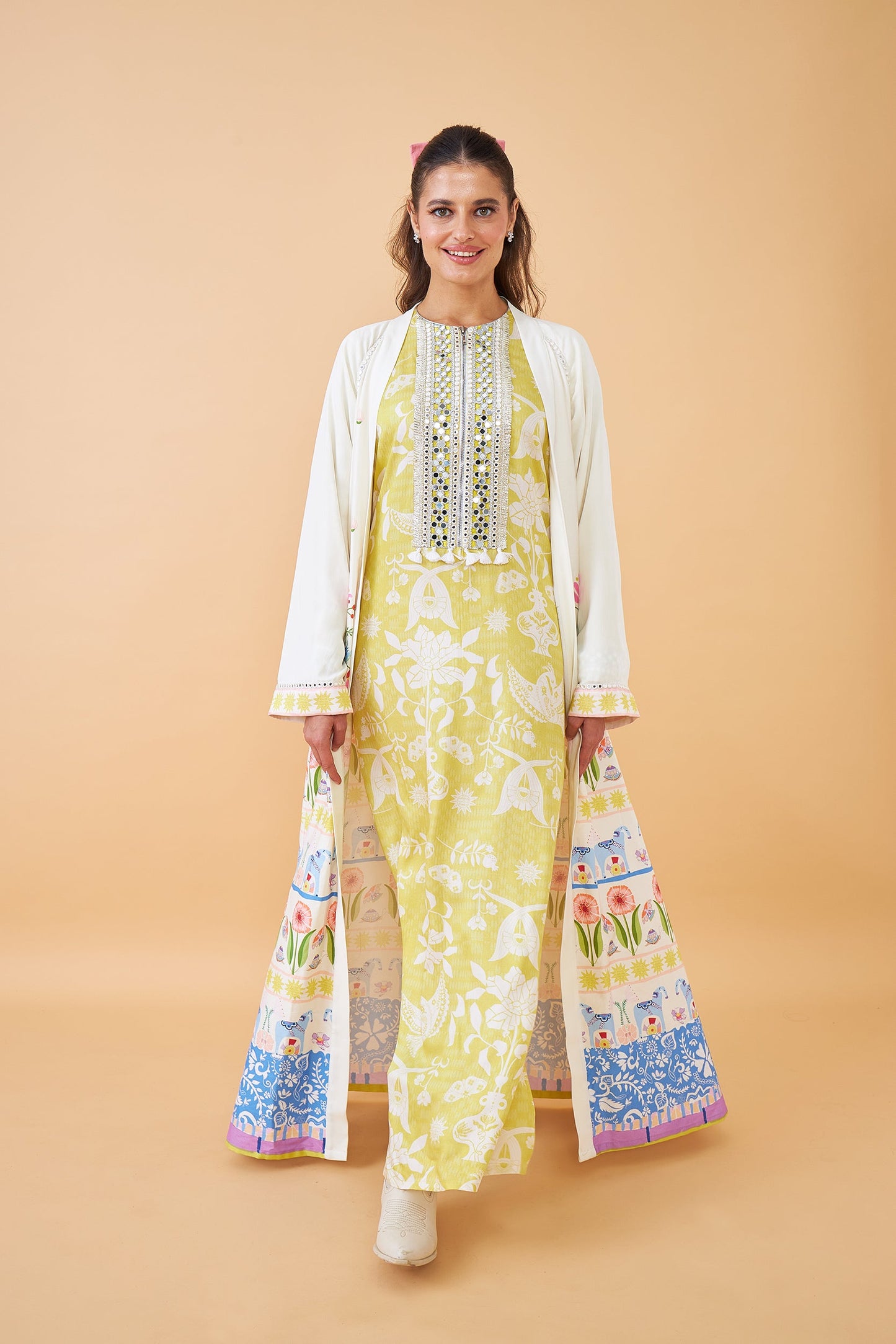 Poppy Yellow Ladies Long Dress with Dala Coat ( Set of 2 pcs)