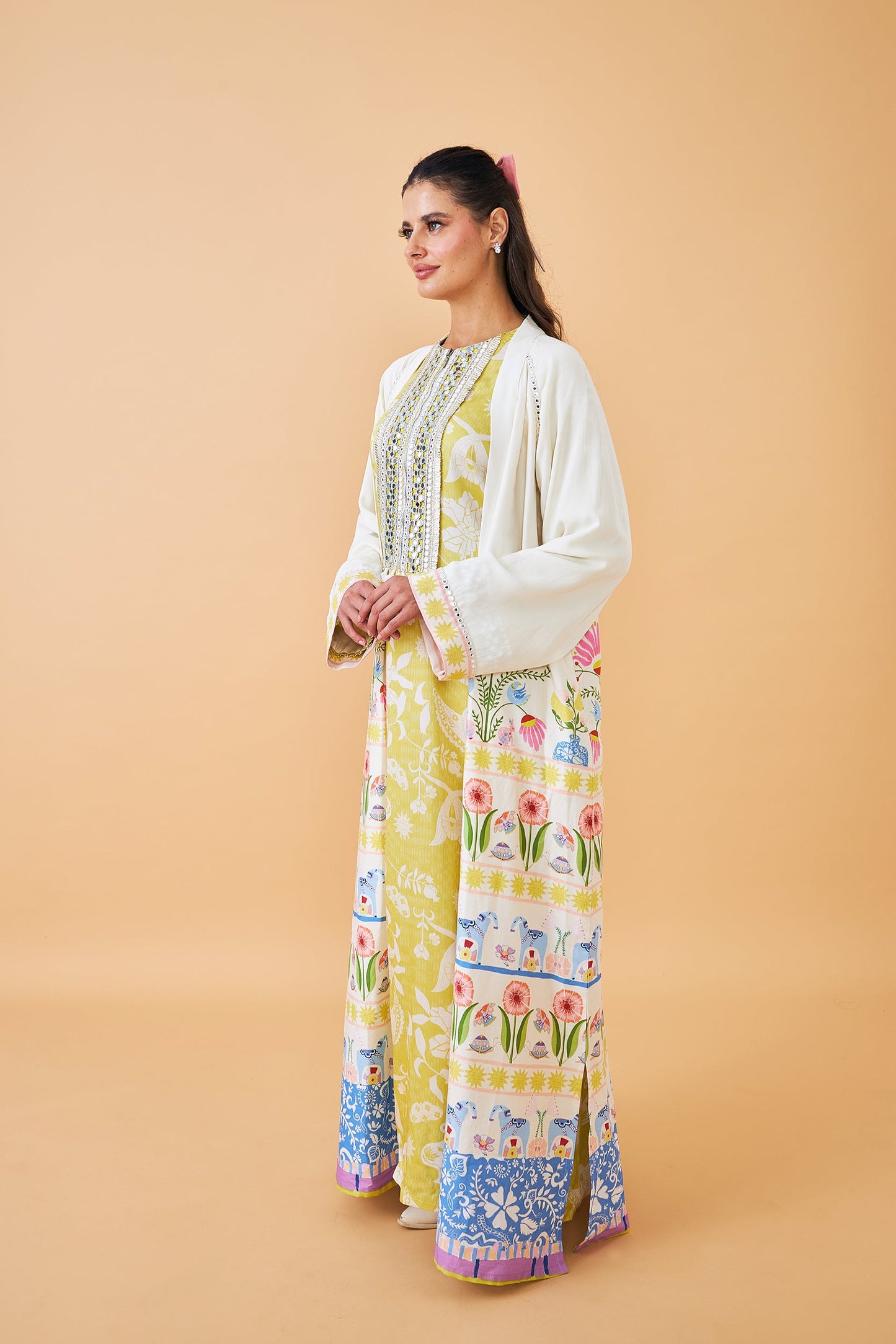 Poppy Yellow Ladies Long Dress with Dala Coat ( Set of 2 pcs)
