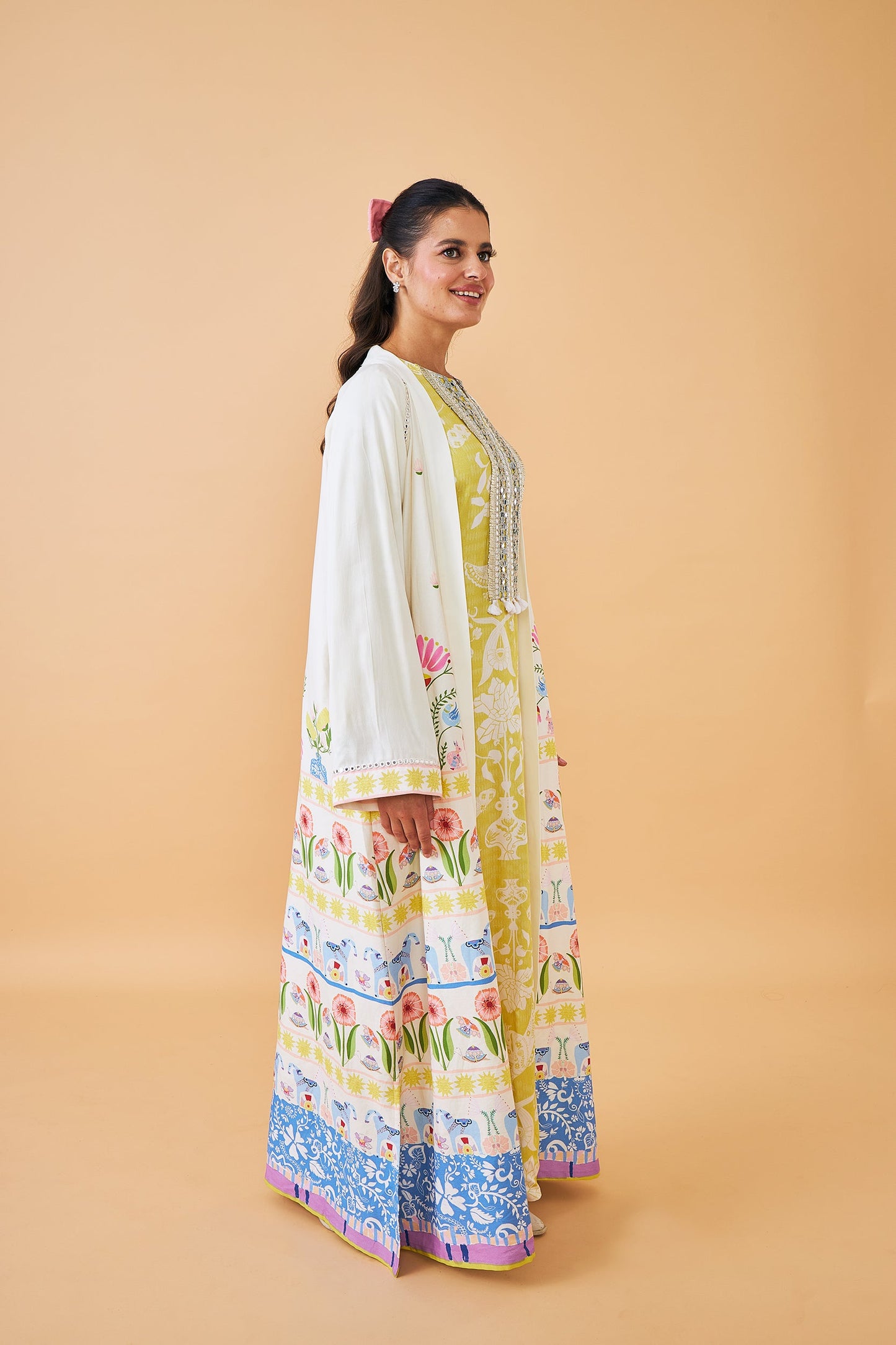 Poppy Yellow Ladies Long Dress with Dala Coat ( Set of 2 pcs)