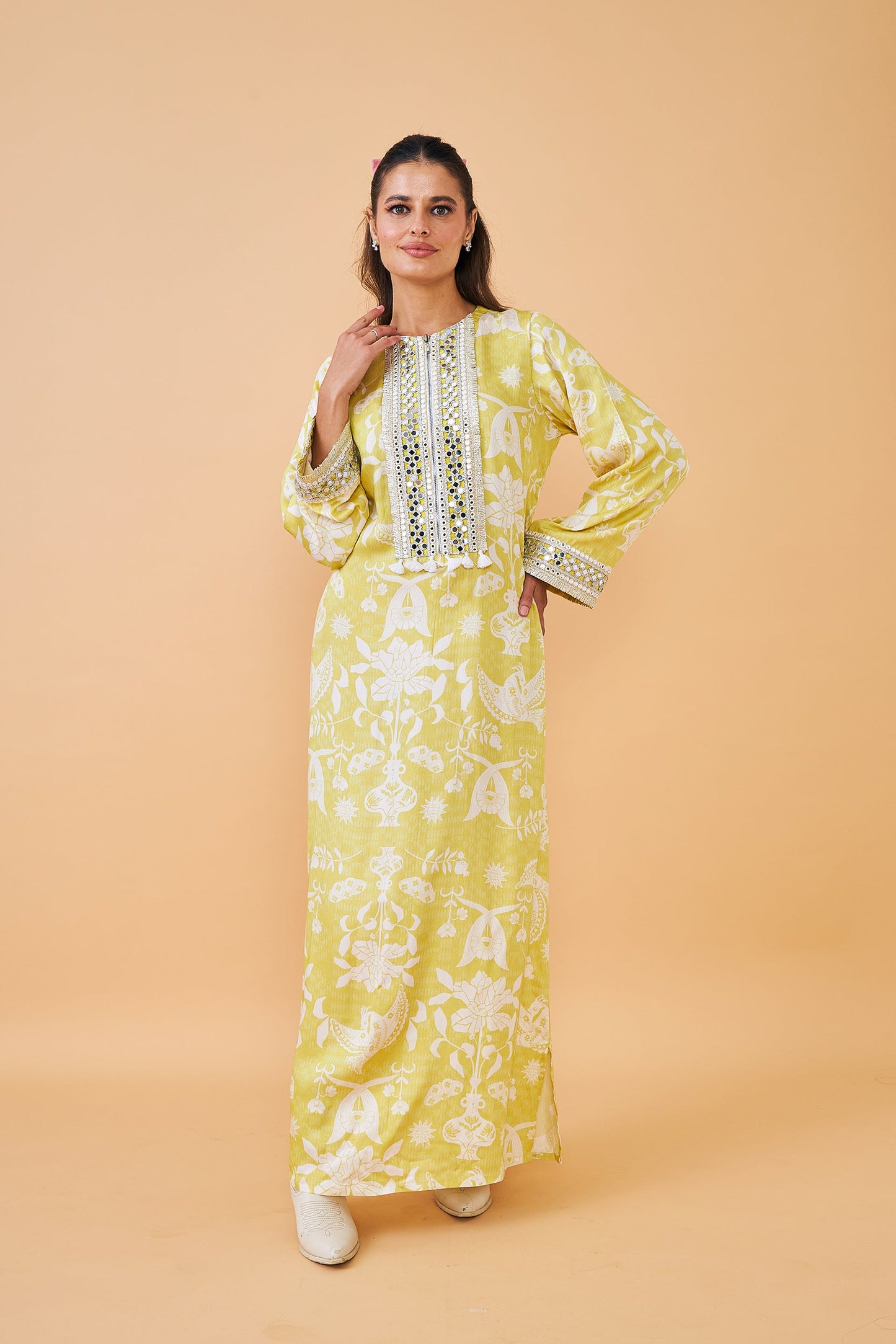 Poppy Yellow Ladies Long Dress with Dala Coat ( Set of 2 pcs)