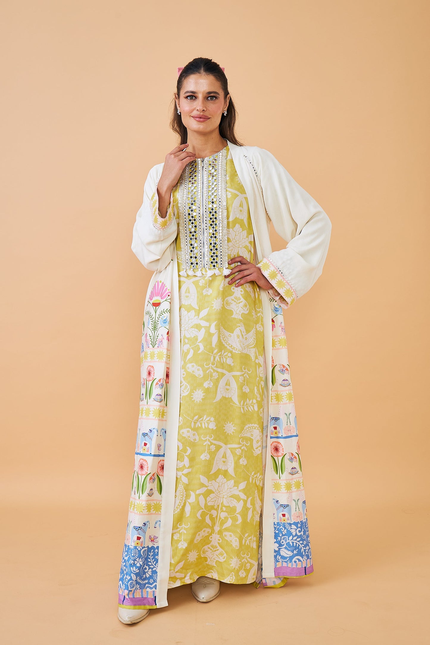 Poppy Yellow Ladies Long Dress with Dala Coat ( Set of 2 pcs)