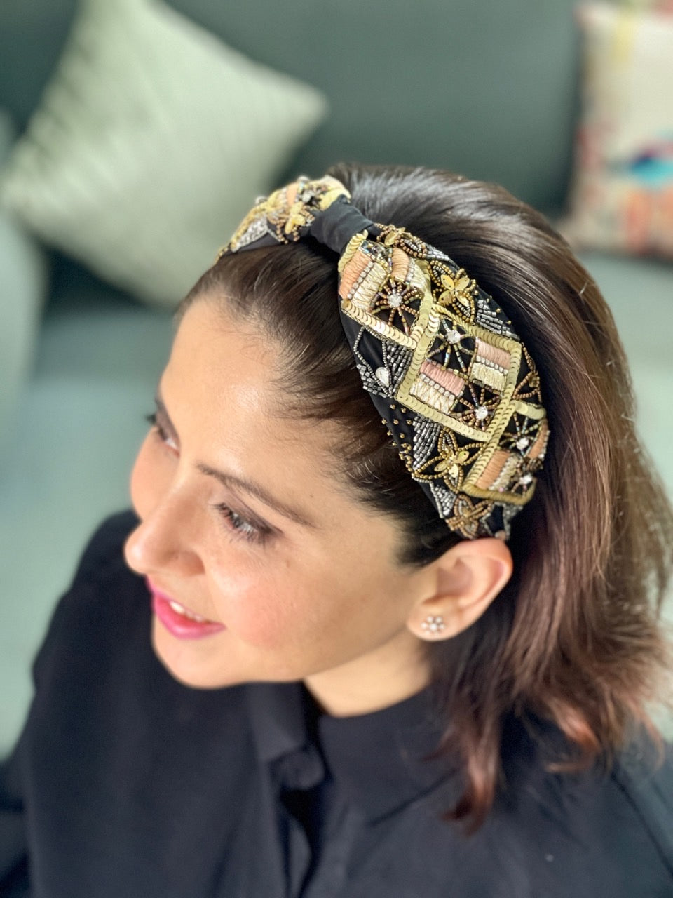 Irene Black Embroidered Headband