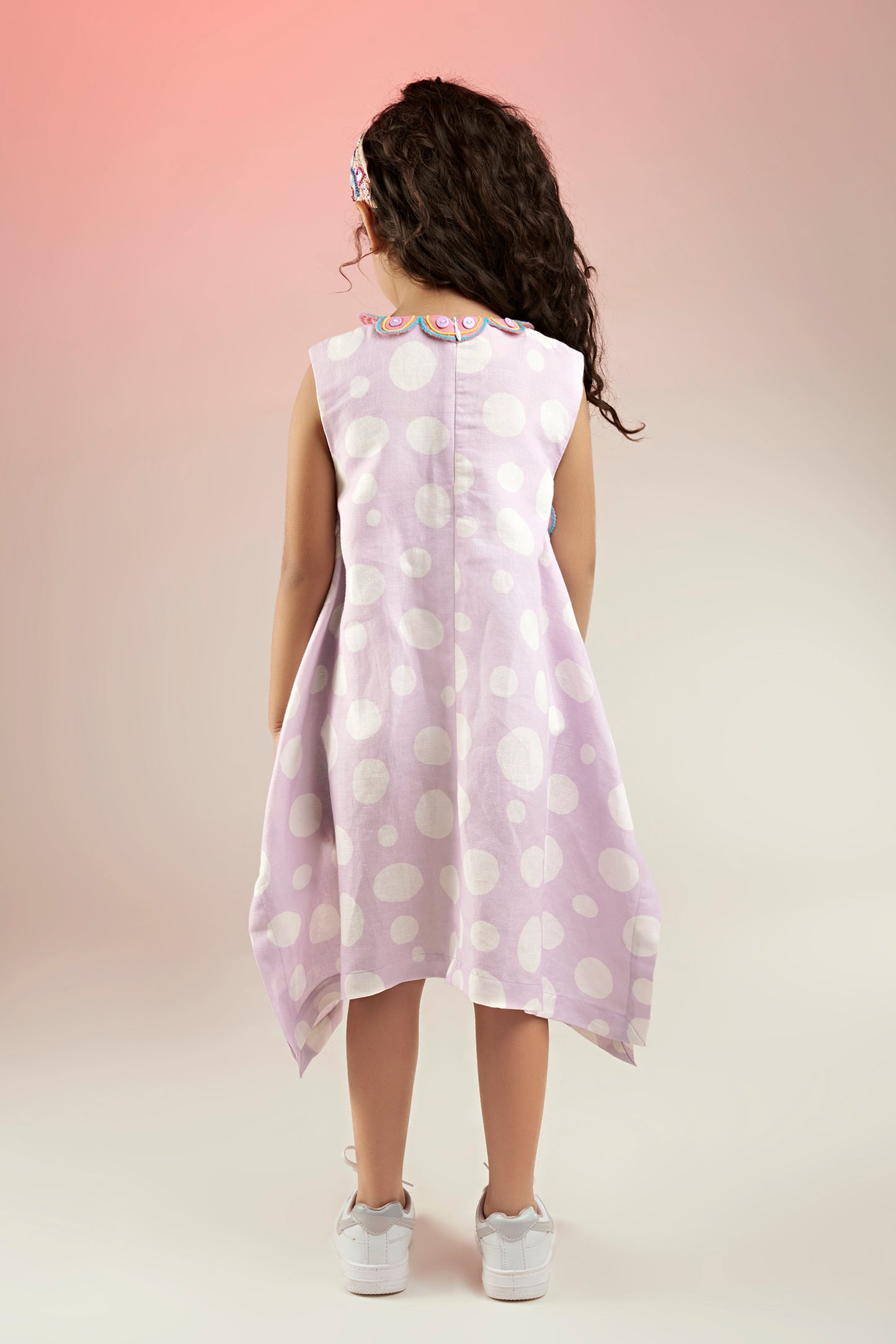 Lavender Polka Printed Linen Dress Kids