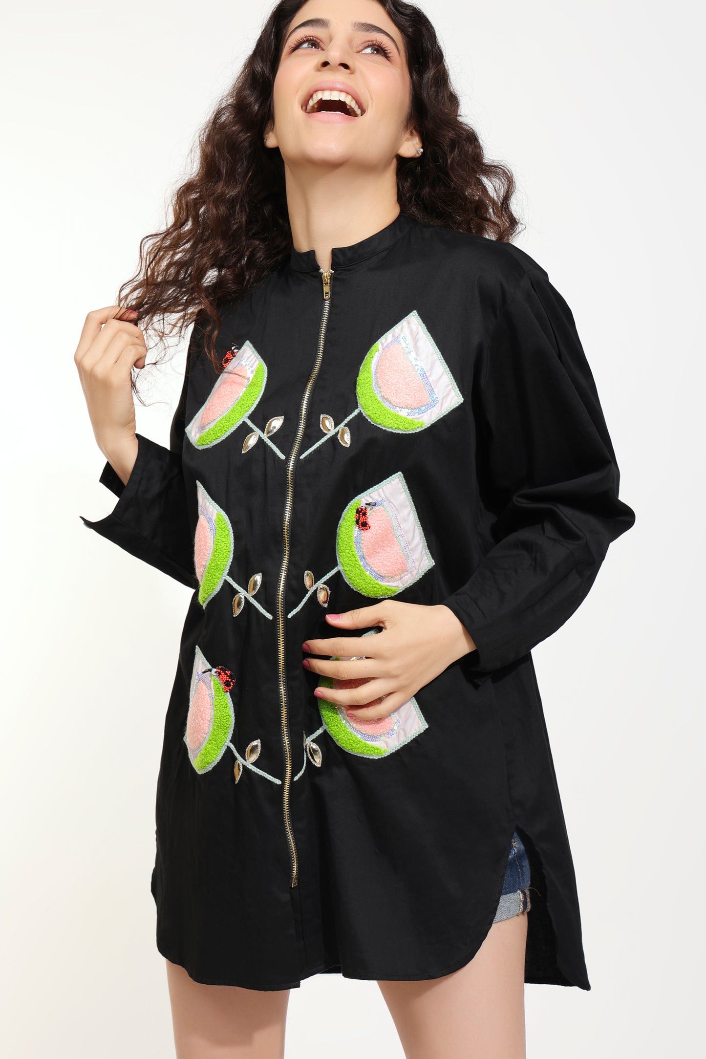 Bug Me Lady Embroidered Black Tunic