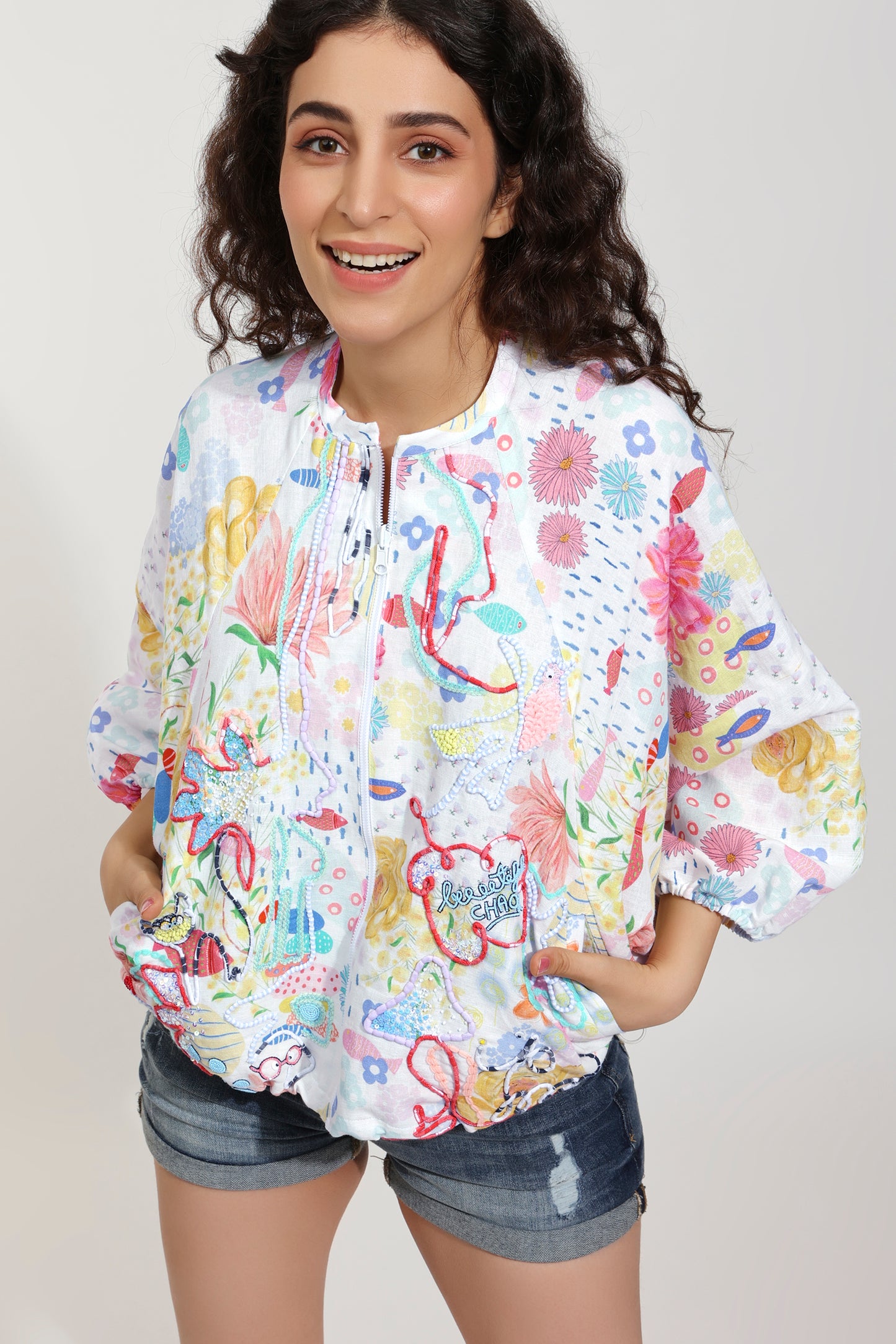 Flutter Bloom Embroidered Printed Linen Jacket (Joey & Pooh)
