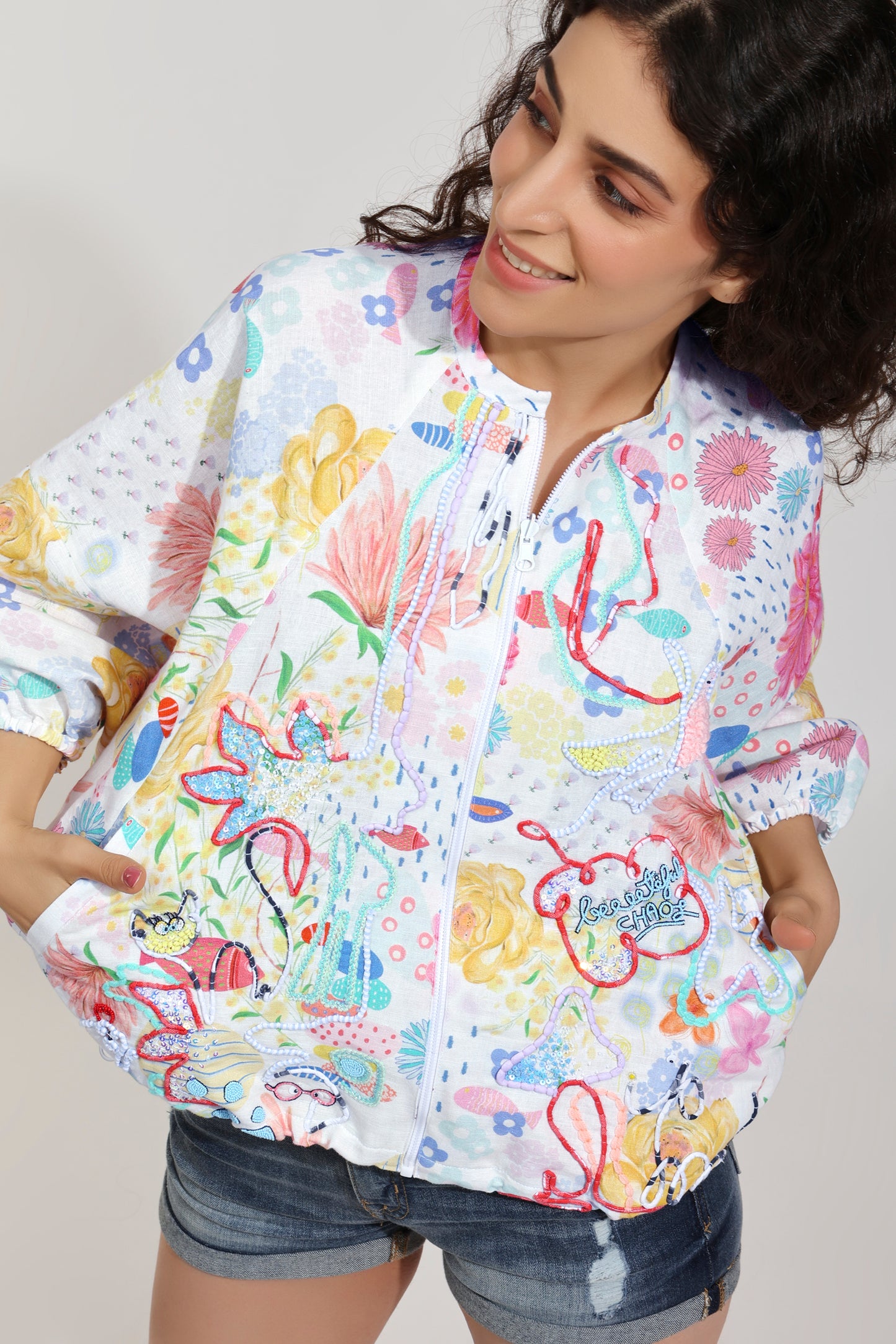 Flutter Bloom Embroidered Printed Linen Jacket (Joey & Pooh)