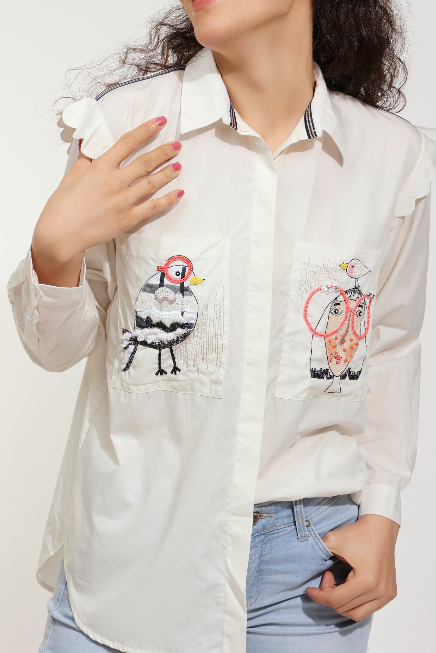 Lil Birdie Embellished Ivory Shirt (Joey & Pooh)